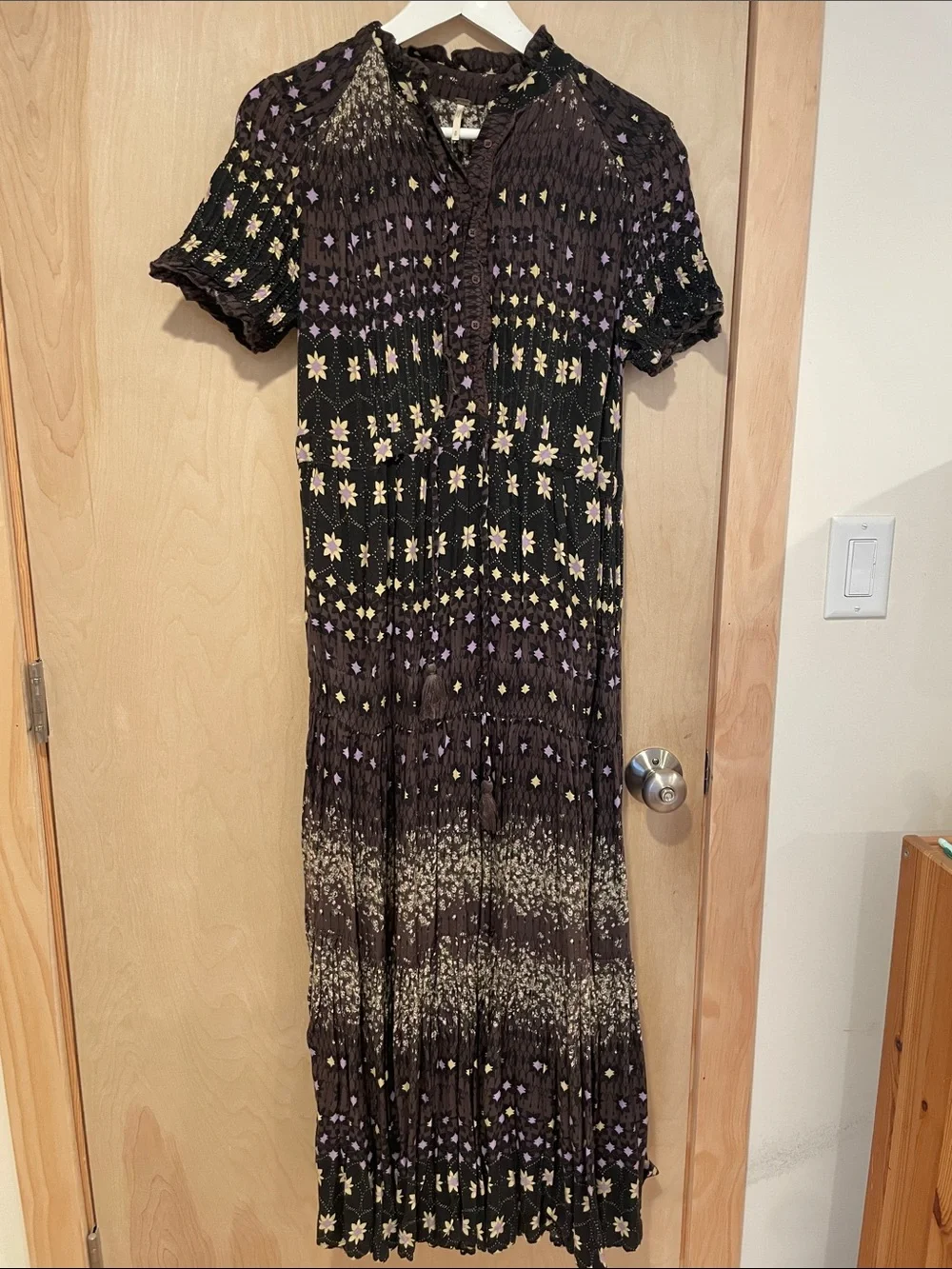 Free People Rare Feelings Brown Maxi Dress with Purple and Cream Floral Pattern